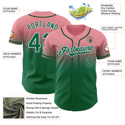 Custom Medium Pink Kelly Green-White Authentic Fade Fashion Baseball Jersey