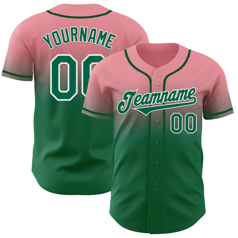 Custom Medium Pink Kelly Green-White Authentic Fade Fashion Baseball Jersey
