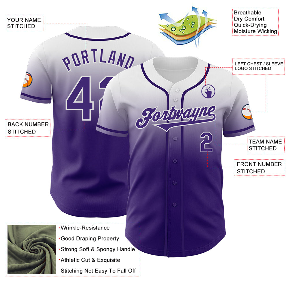 Custom White Purple Authentic Fade Fashion Baseball Jersey