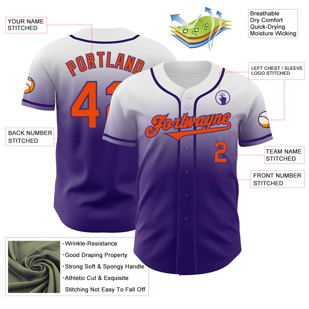 Custom White Orange-Purple Authentic Fade Fashion Baseball Jersey