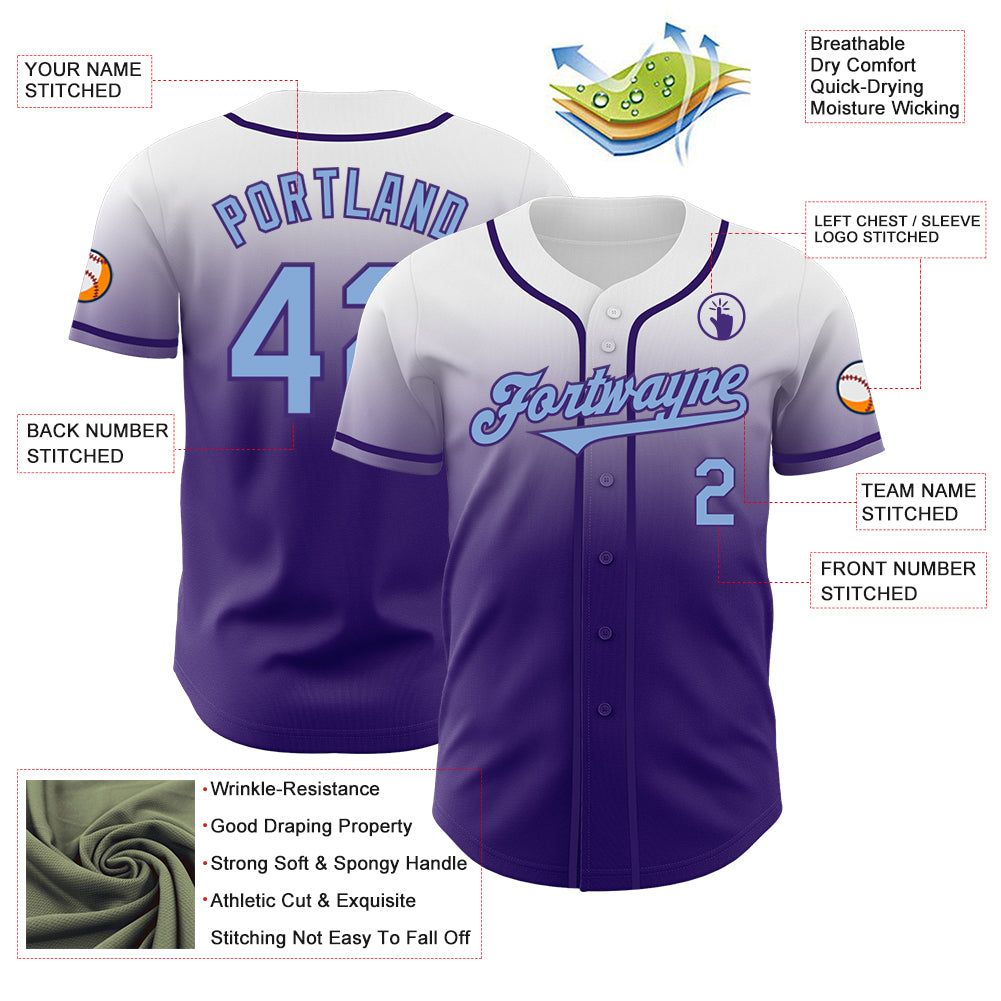 Custom White Light Blue-Purple Authentic Fade Fashion Baseball Jersey