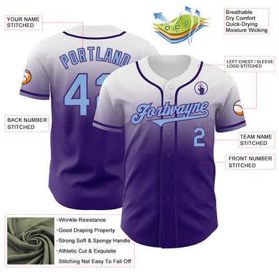 Custom White Light Blue-Purple Authentic Fade Fashion Baseball Jersey