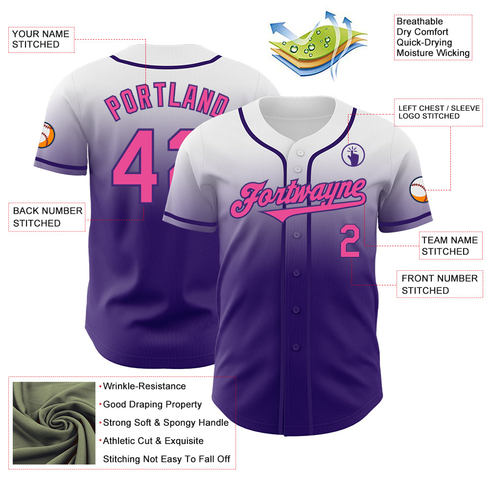 Custom White Pink-Purple Authentic Fade Fashion Baseball Jersey
