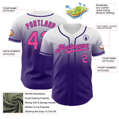 Custom White Pink-Purple Authentic Fade Fashion Baseball Jersey