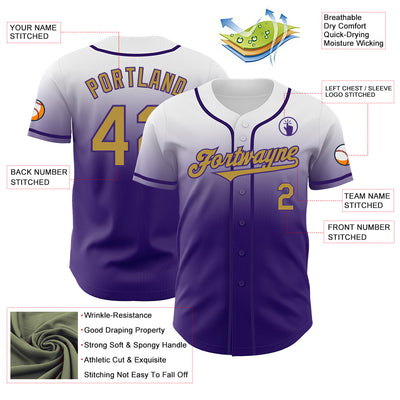 Custom White Old Gold-Purple Authentic Fade Fashion Baseball Jersey