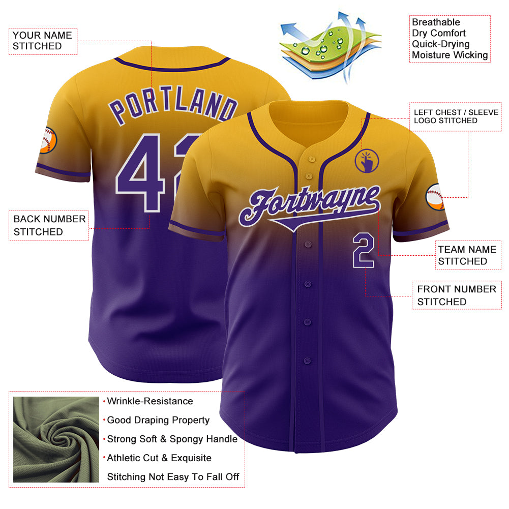 Custom Gold Purple-White Authentic Fade Fashion Baseball Jersey