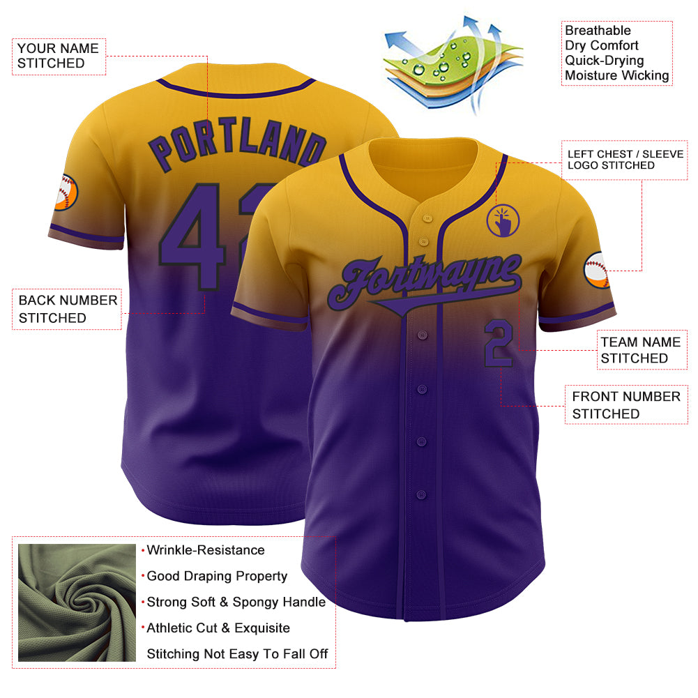 Custom Gold Purple-Black Authentic Fade Fashion Baseball Jersey