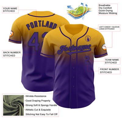 Custom Gold Purple-Black Authentic Fade Fashion Baseball Jersey