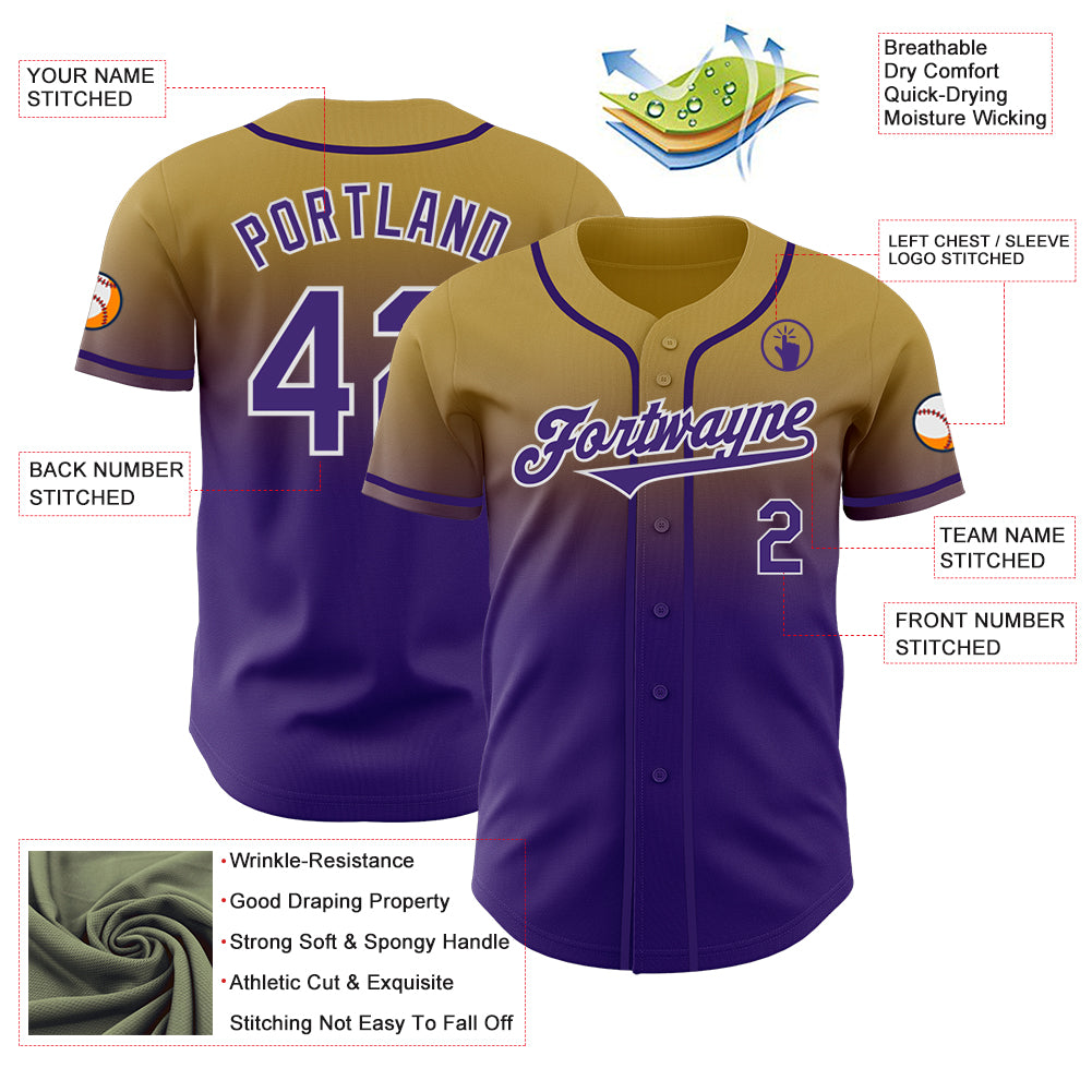 Custom Old Gold Purple-White Authentic Fade Fashion Baseball Jersey