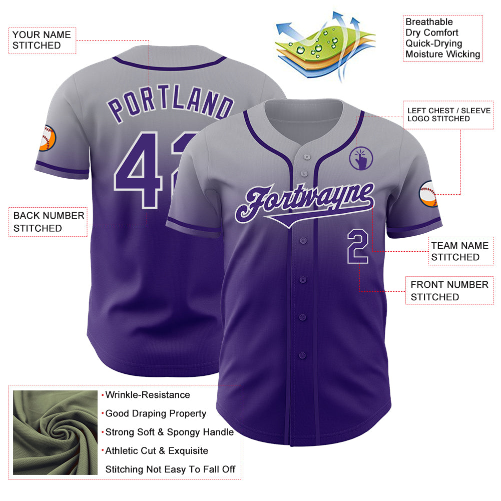 Custom Gray Purple-White Authentic Fade Fashion Baseball Jersey