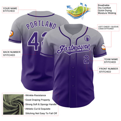 Custom Gray Purple-White Authentic Fade Fashion Baseball Jersey