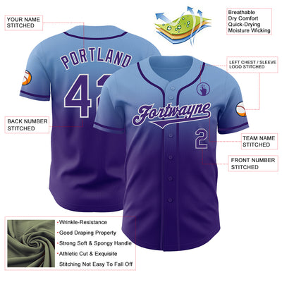 Custom Light Blue Purple-White Authentic Fade Fashion Baseball Jersey