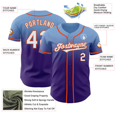 Custom Light Blue White Purple-Orange Authentic Fade Fashion Baseball Jersey