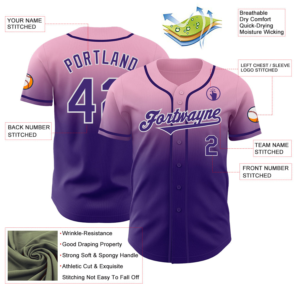 Custom Light Pink Purple-White Authentic Fade Fashion Baseball Jersey