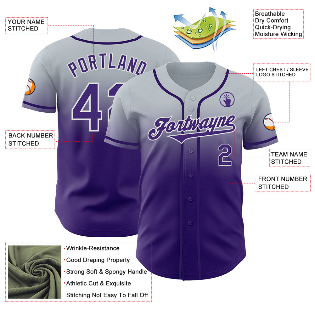 Custom Silver Purple-White Authentic Fade Fashion Baseball Jersey
