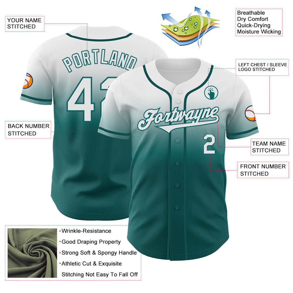 Custom White Teal Authentic Fade Fashion Baseball Jersey