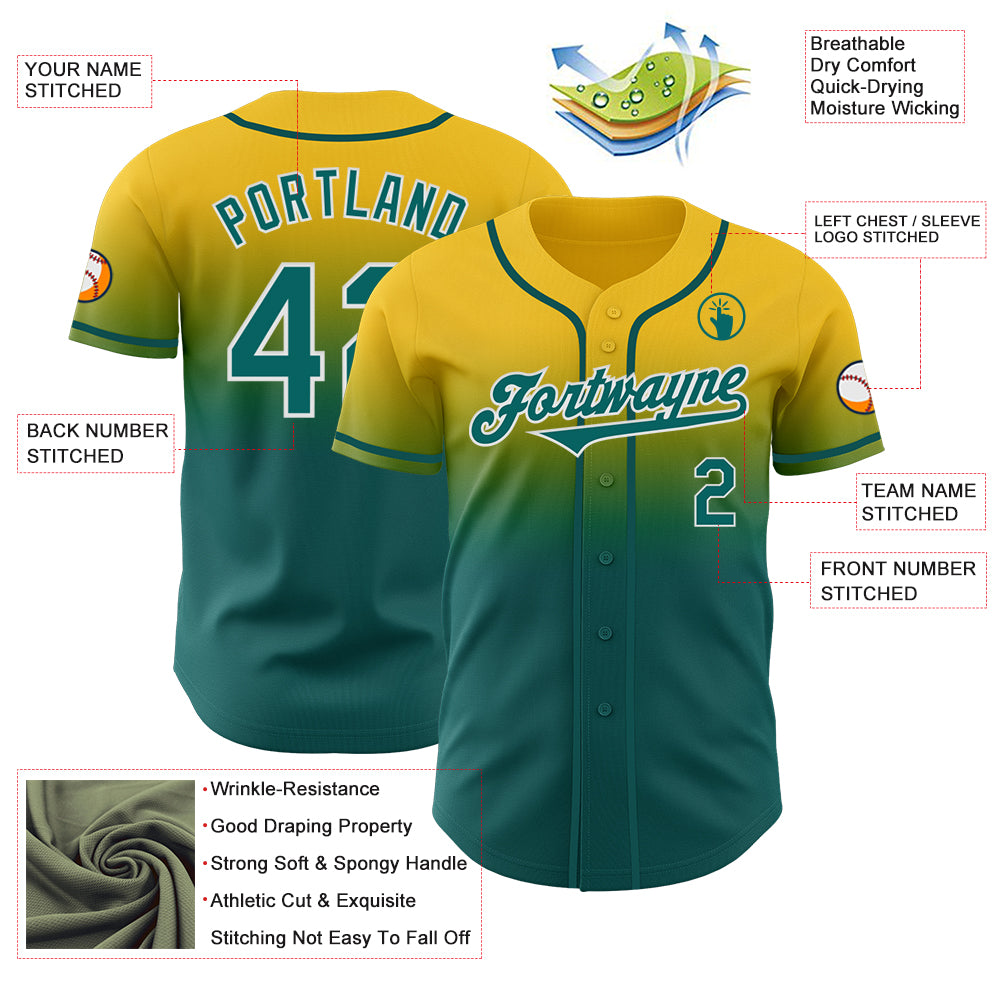 Custom Yellow Teal-White Authentic Fade Fashion Baseball Jersey