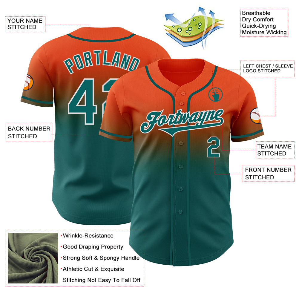Custom Orange Teal-White Authentic Fade Fashion Baseball Jersey