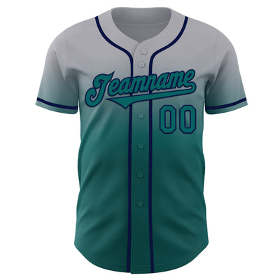 Custom Gray Teal-Navy Authentic Fade Fashion Baseball Jersey