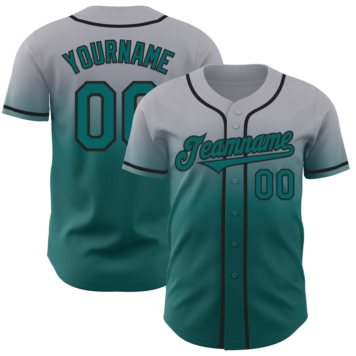 Custom Gray Teal-Black Authentic Fade Fashion Baseball Jersey