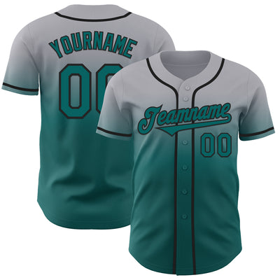 Custom Gray Teal-Black Authentic Fade Fashion Baseball Jersey