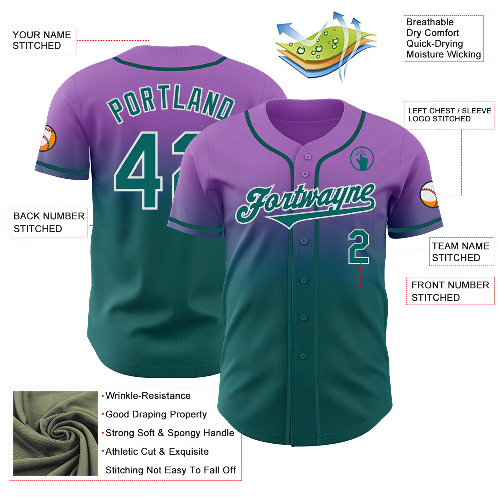 Custom Medium Purple Teal-White Authentic Fade Fashion Baseball Jersey