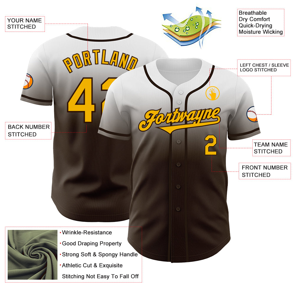 Custom White Gold-Brown Authentic Fade Fashion Baseball Jersey