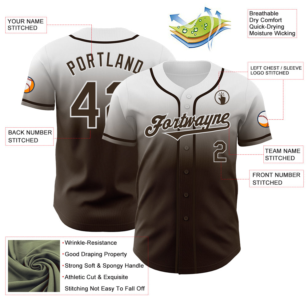 Custom White Brown Authentic Fade Fashion Baseball Jersey