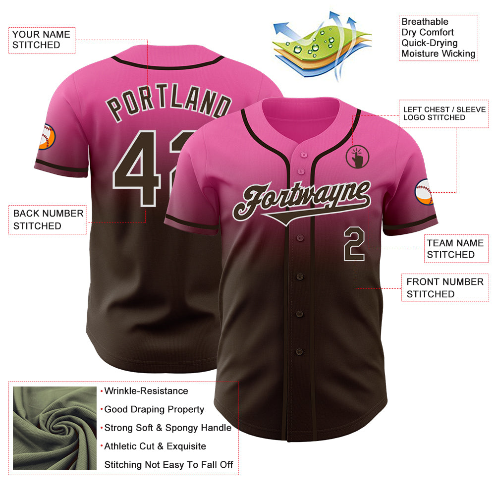 Custom Pink Brown-White Authentic Fade Fashion Baseball Jersey