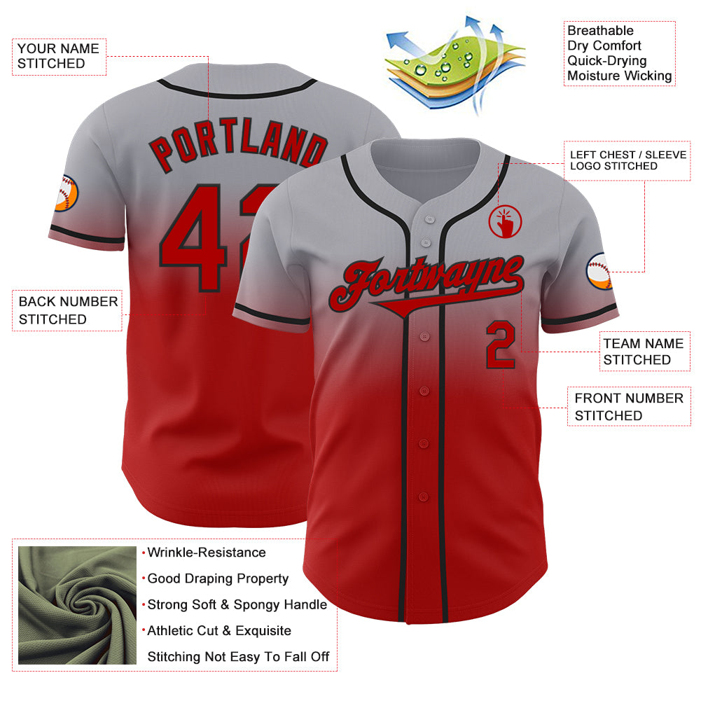 Custom Gray Red-Black Authentic Fade Fashion Baseball Jersey