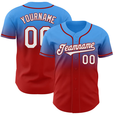 Custom Electric Blue White-Red Authentic Fade Fashion Baseball Jersey