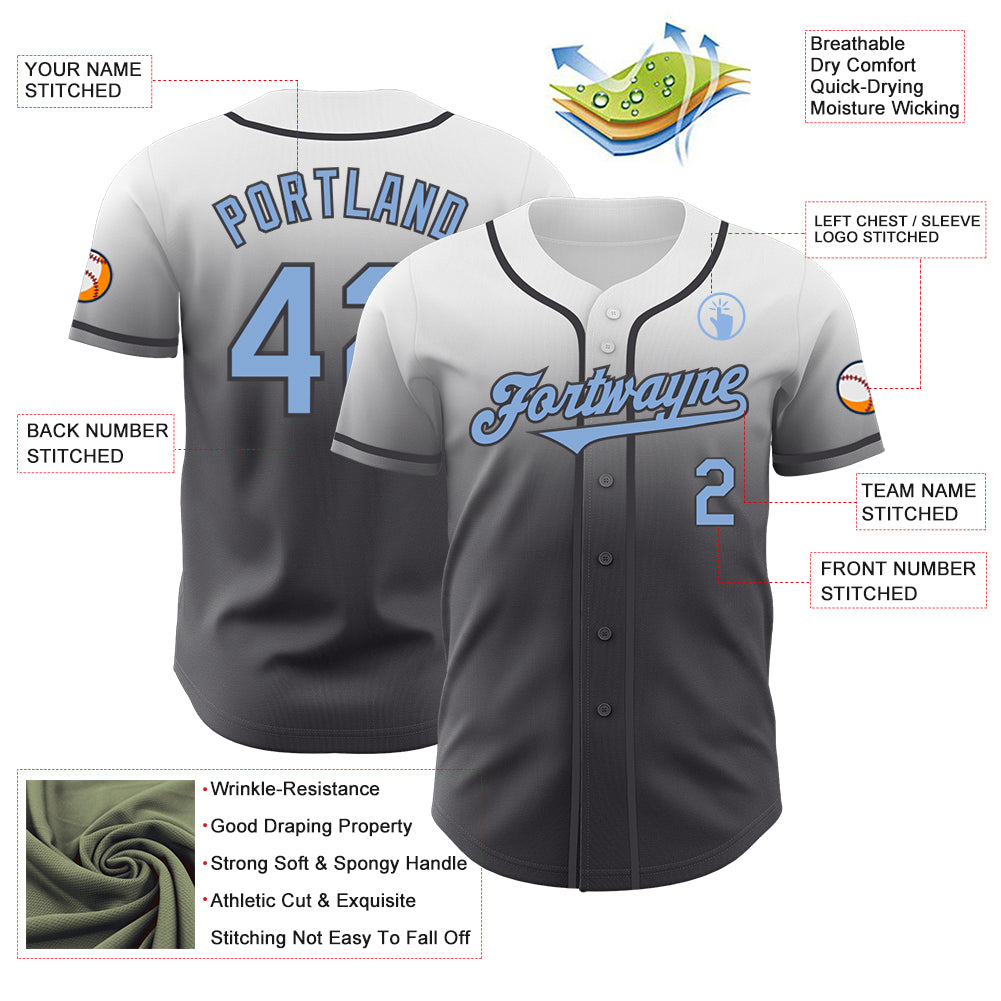 Custom White Light Blue-Steel Gray Authentic Fade Fashion Baseball Jersey