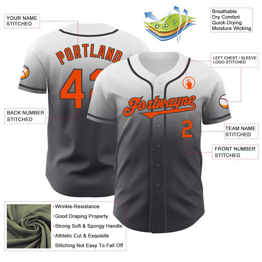 Custom White Orange-Steel Gray Authentic Fade Fashion Baseball Jersey