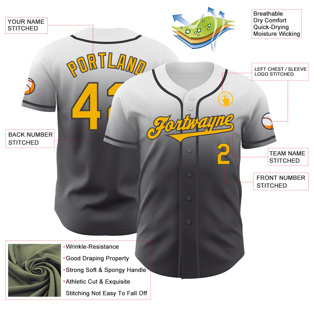 Custom White Gold-Steel Gray Authentic Fade Fashion Baseball Jersey