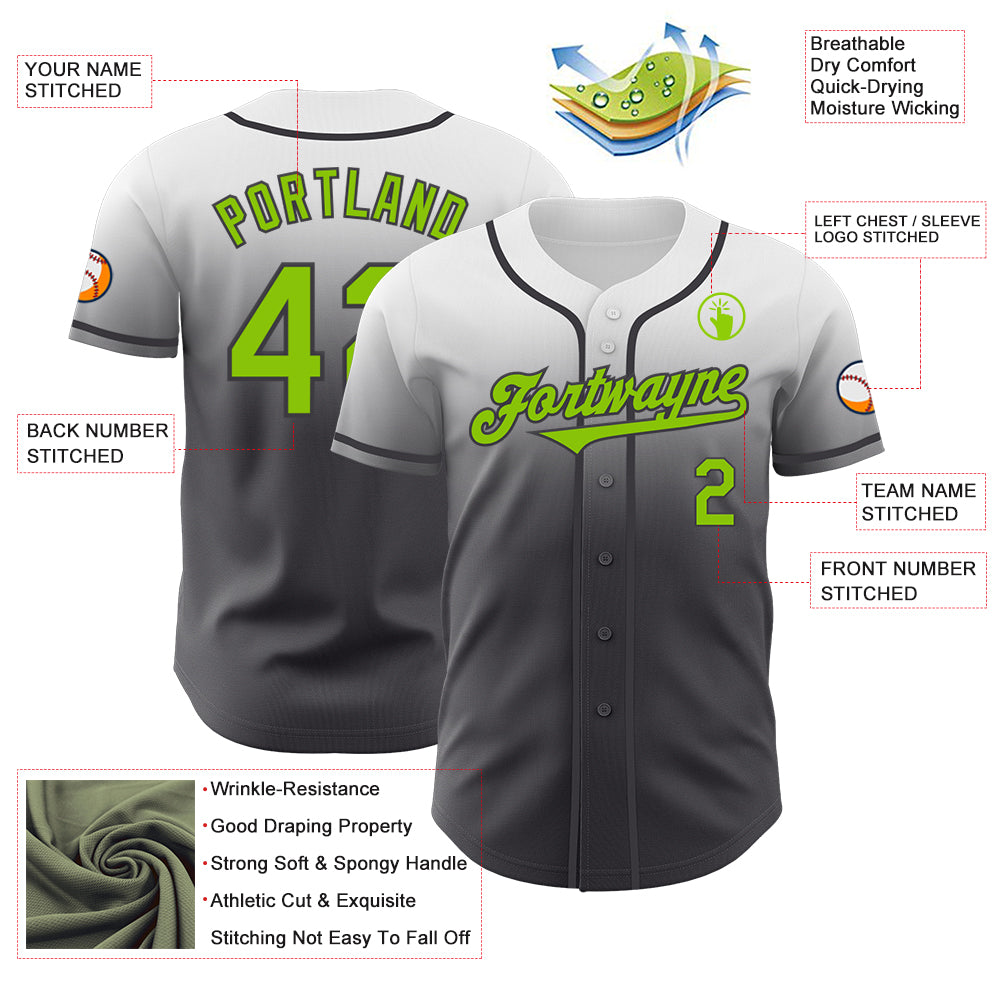 Custom White Neon Green-Steel Gray Authentic Fade Fashion Baseball Jersey