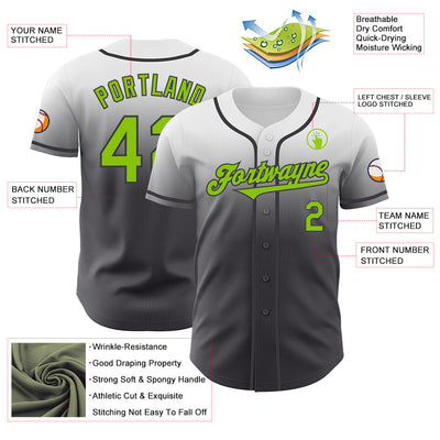 Custom White Neon Green-Steel Gray Authentic Fade Fashion Baseball Jersey