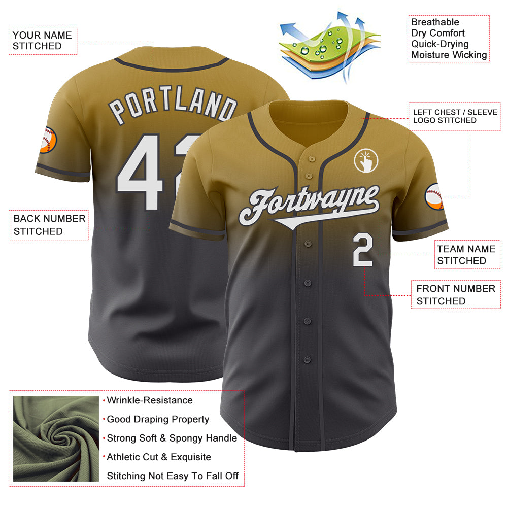 Custom Old Gold White-Steel Gray Authentic Fade Fashion Baseball Jersey