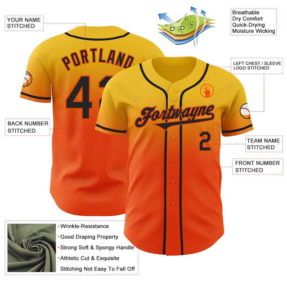 Custom Yellow Black-Orange Authentic Fade Fashion Baseball Jersey