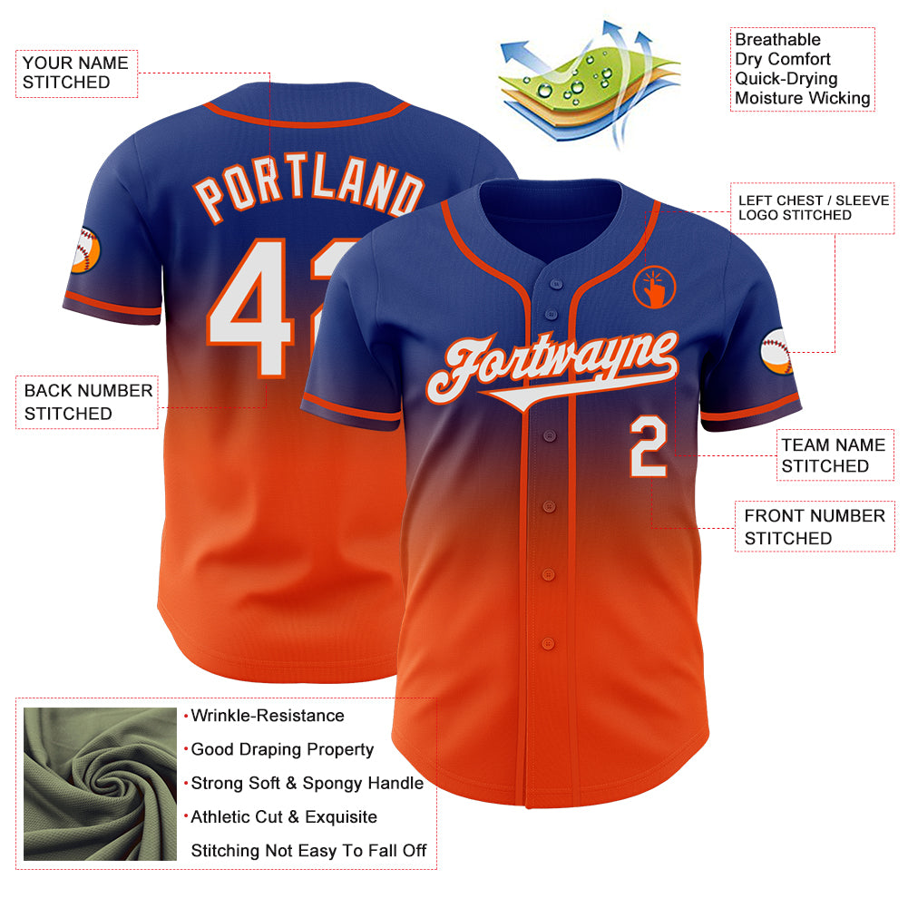 Custom Royal White-Orange Authentic Fade Fashion Baseball Jersey