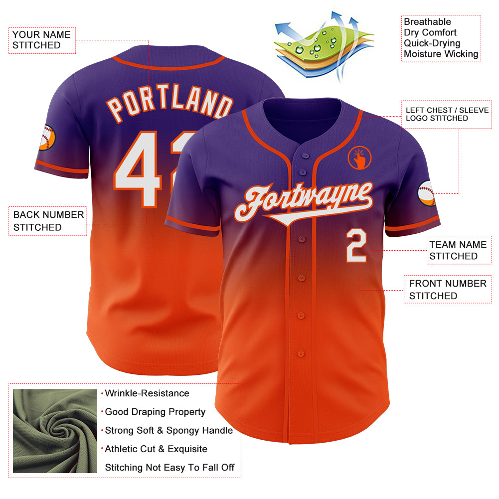 Custom Purple White-Orange Authentic Fade Fashion Baseball Jersey