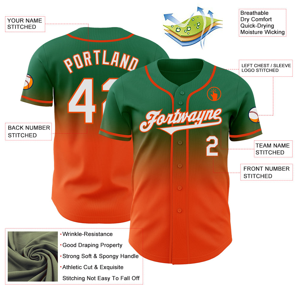 Custom Kelly Green White-Orange Authentic Fade Fashion Baseball Jersey