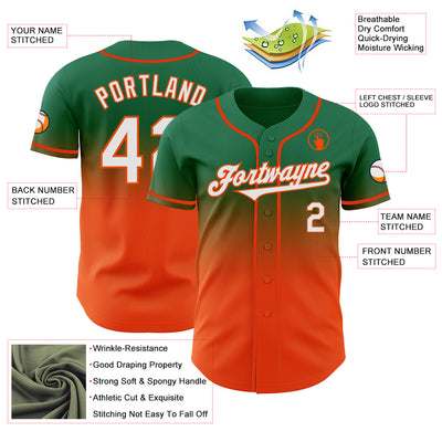 Custom Kelly Green White-Orange Authentic Fade Fashion Baseball Jersey