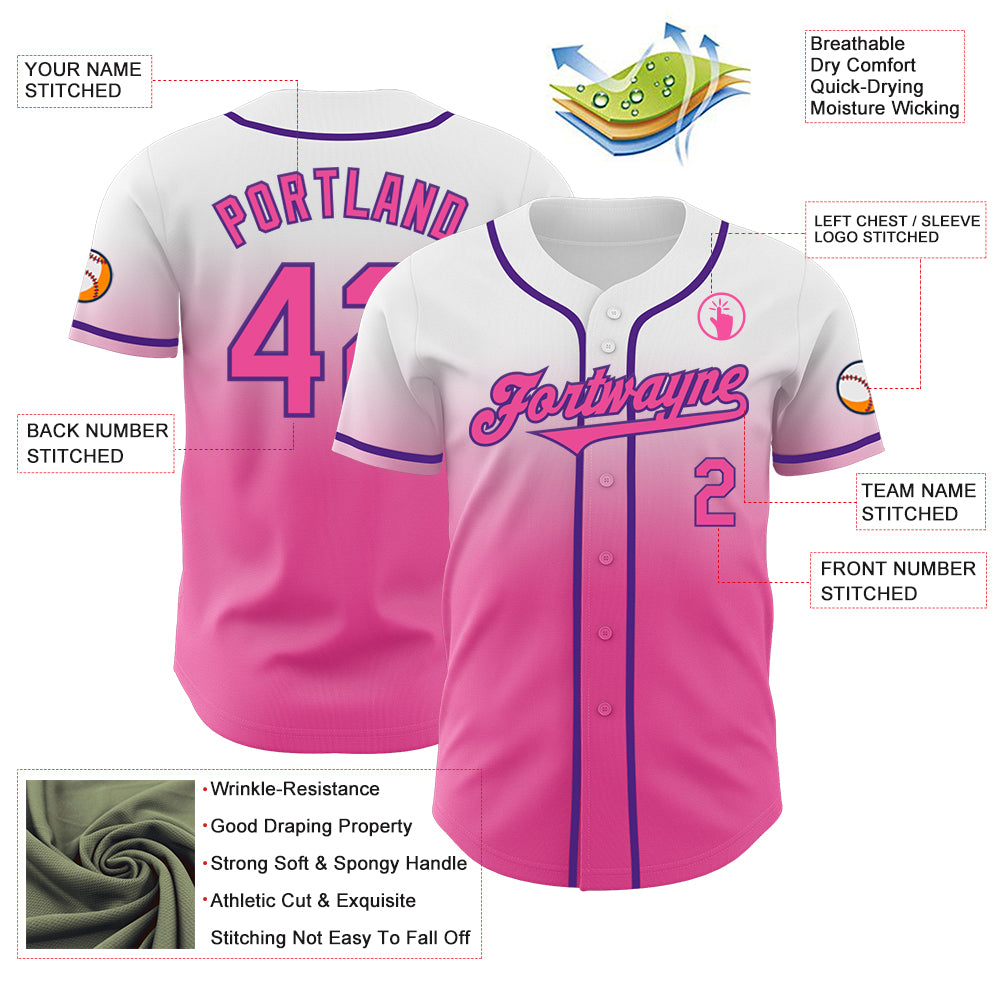 Custom White Pink-Purple Authentic Fade Fashion Baseball Jersey
