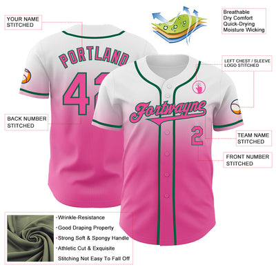 Custom White Pink-Kelly Green Authentic Fade Fashion Baseball Jersey