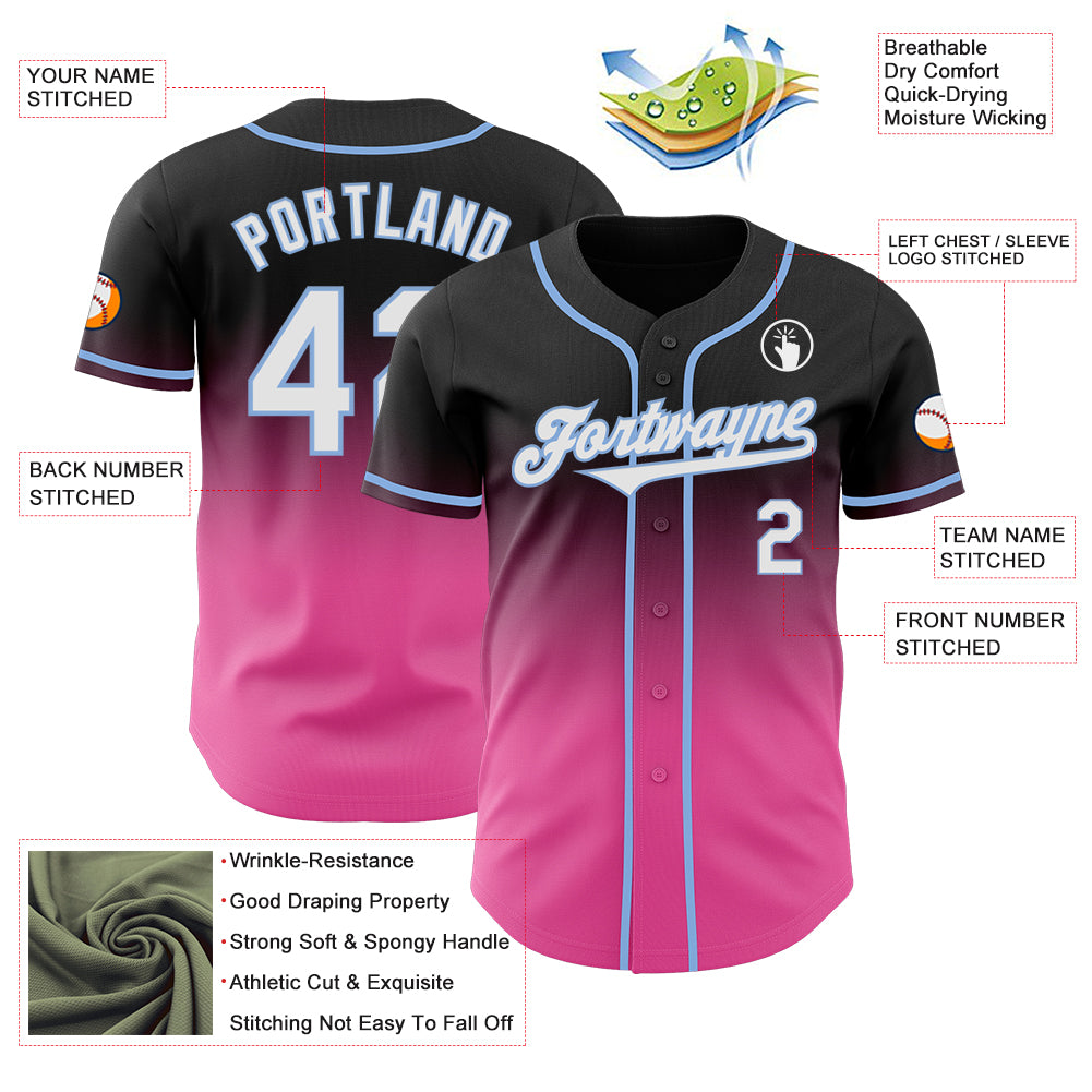 Custom Black White Pink-Light Blue Authentic Fade Fashion Baseball Jersey