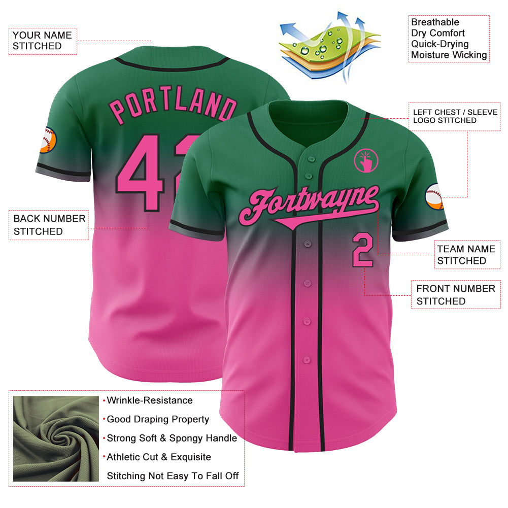 Custom Kelly Green Pink-Black Authentic Fade Fashion Baseball Jersey