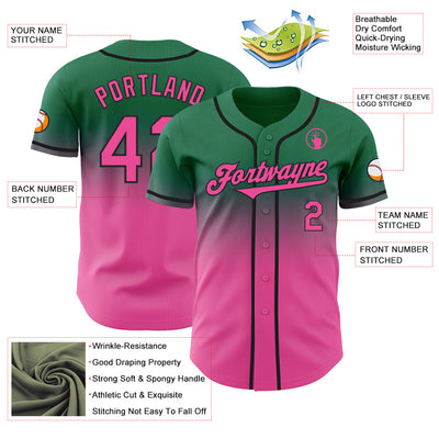 Custom Kelly Green Pink-Black Authentic Fade Fashion Baseball Jersey