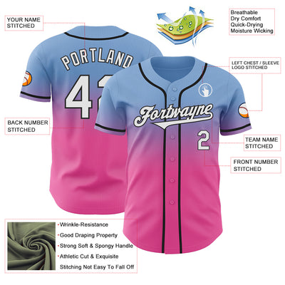 Custom Light Blue White Pink-Black Authentic Fade Fashion Baseball Jersey