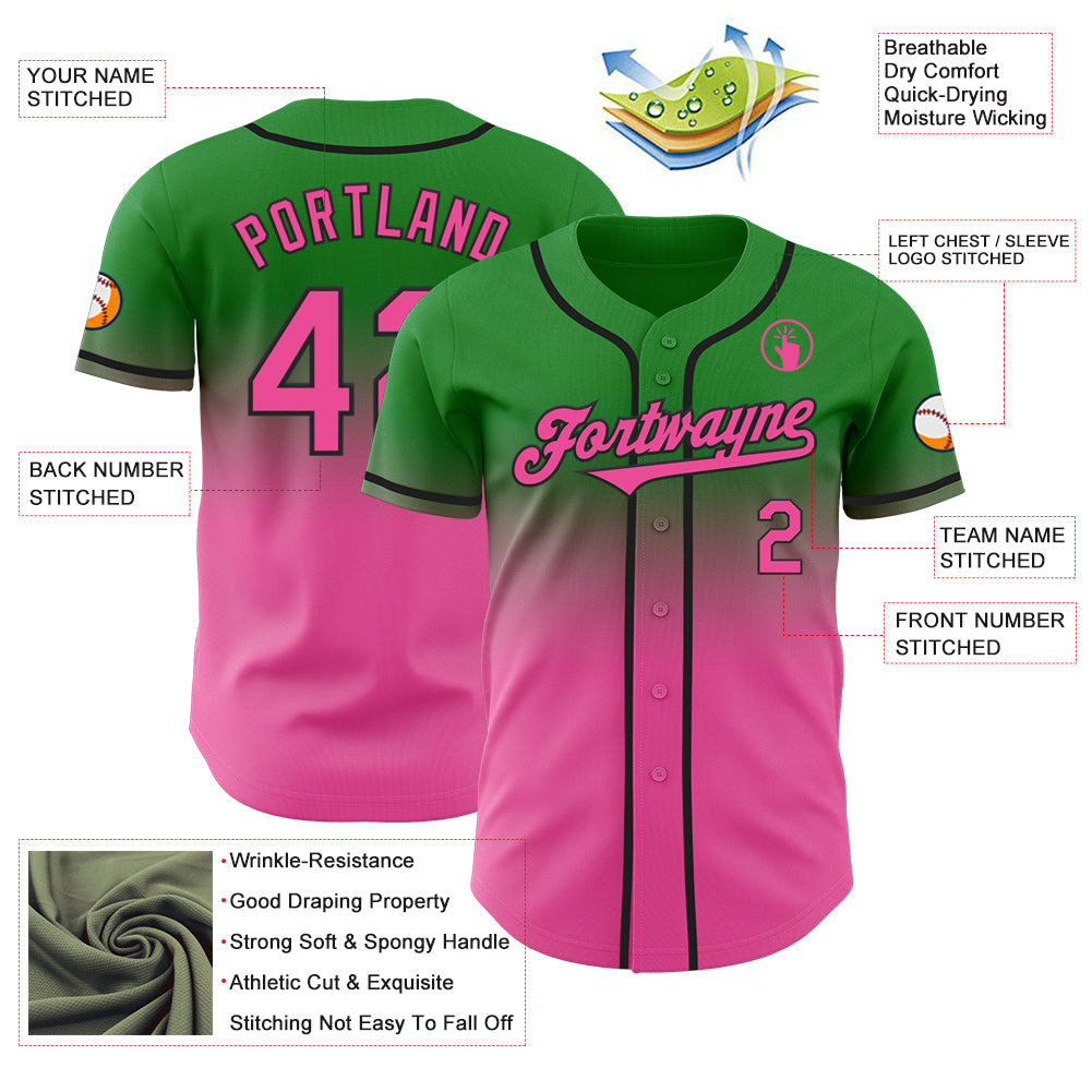 Custom Grass Green Pink-Black Authentic Fade Fashion Baseball Jersey