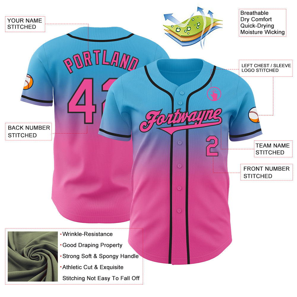 Custom Sky Blue Pink-Black Authentic Fade Fashion Baseball Jersey